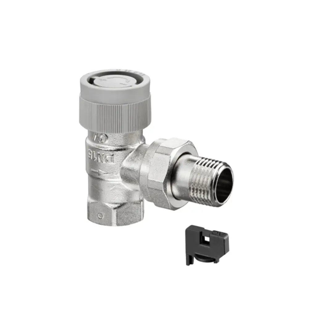 Thermostatventil von Oventrop in Eckform aus Metall mit einer Schraubverbindung. Zubehörteil für die Regulierung von Heizungswärme.